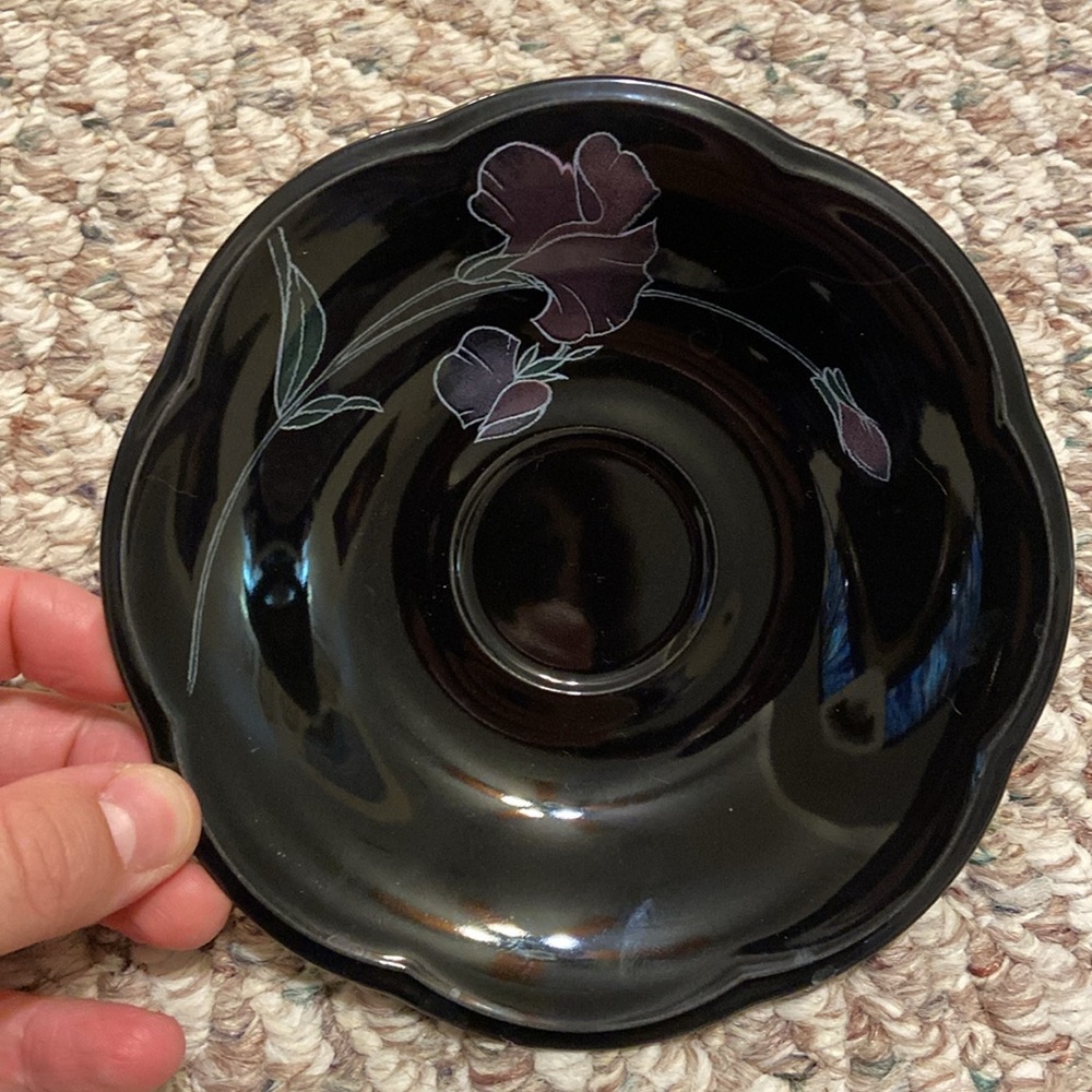 BLACK GLASS COFFEE CUP VINTAGE ARCOROC OCTIME MCM MADE IN FRANCE OCTAGON W/PLATE - Picture 4 of 10